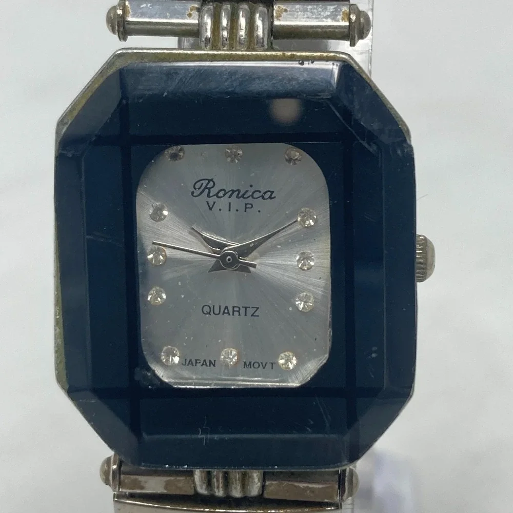 Vtg Ronica Watch Women 26mm Silver Tone Faceted Bezel Stretch Band New Batter 7